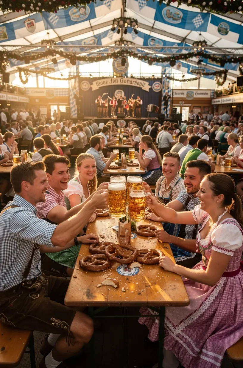 Traditionelles Volksfest in Bayern im Sommer mit Menschen in Trachten und bunten Festzelten
